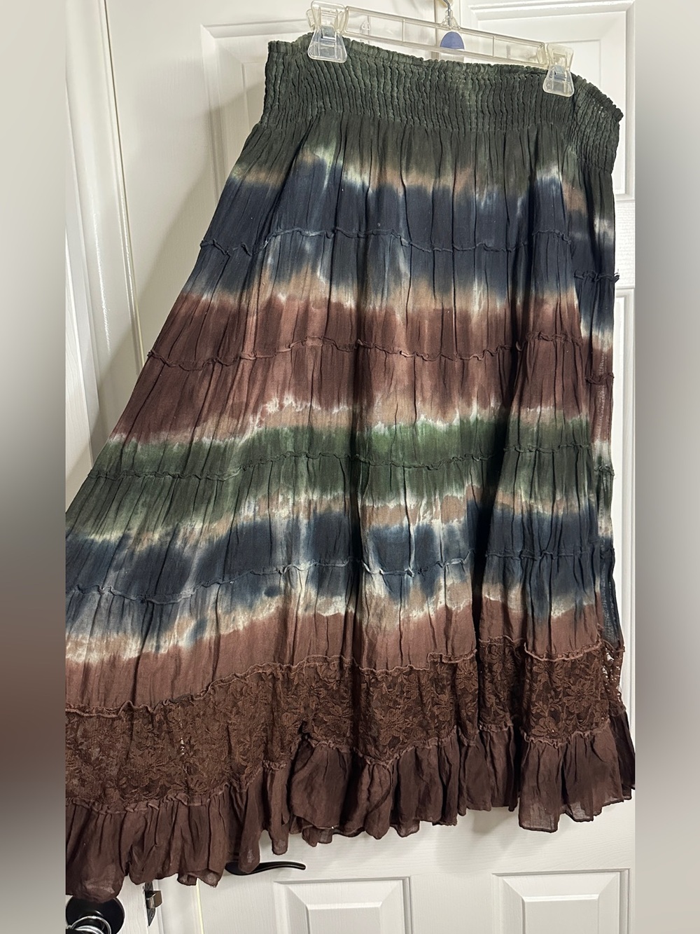 Reba Tie-Dye Tiered Maxi Skirt in Brown, Green & Blue